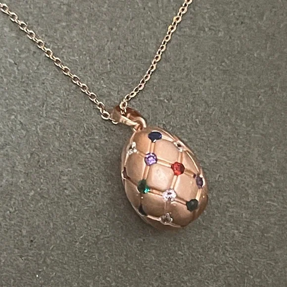 Elegant Rose Gold Egg Pendant Necklace with Multicolor Gems - Picture 1 of 10